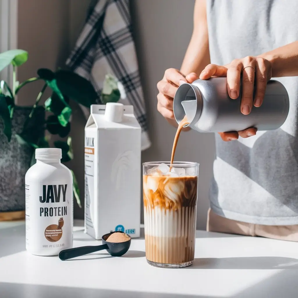 Step-by-step process of making Javy protein coffee with shaker and ingredients on a kitchen counter.