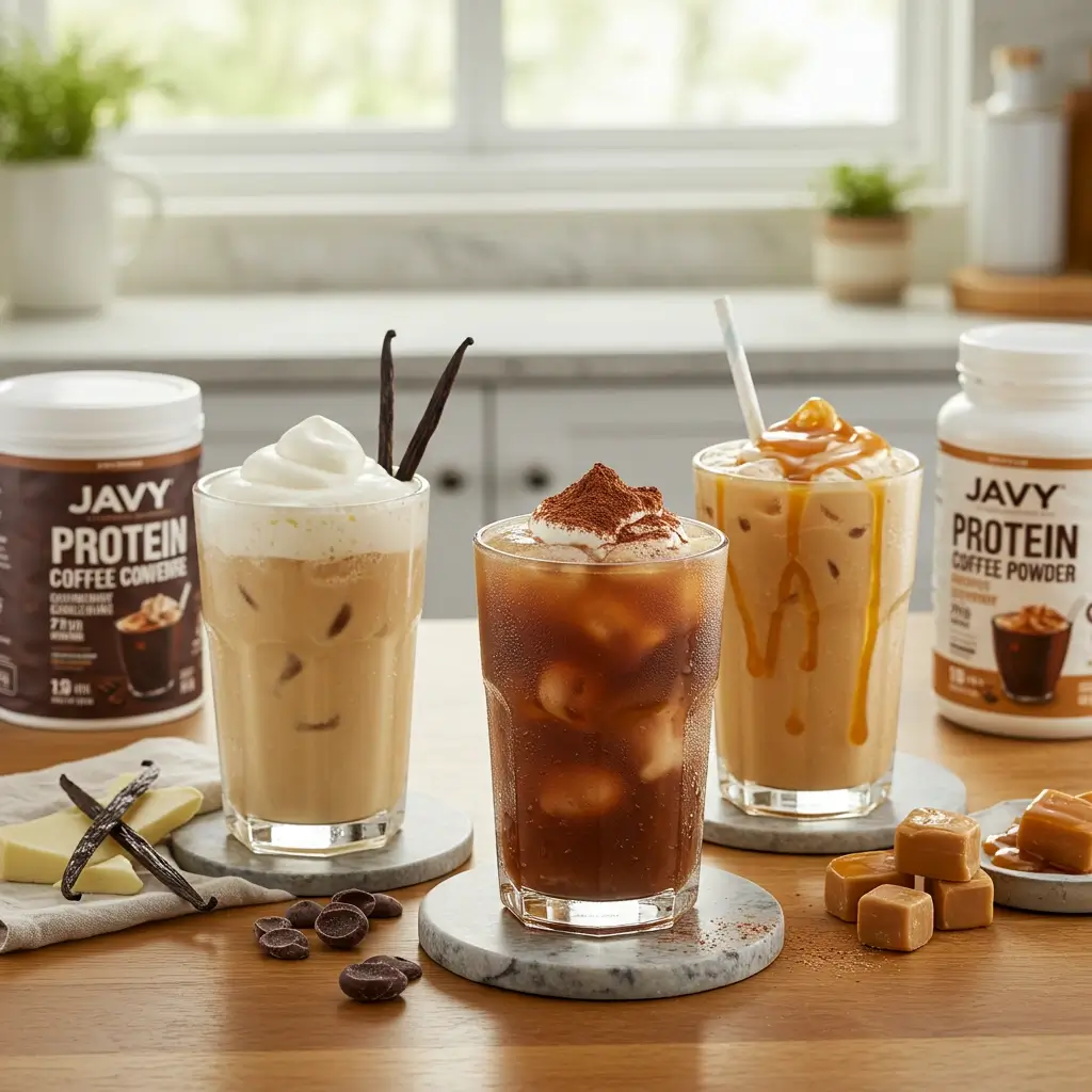 Three Javy protein iced coffee drinks in vanilla, mocha, and caramel flavors on a kitchen counter.