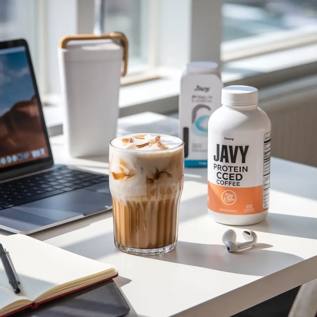 Modern desk setup with Javy protein iced coffee, laptop, and notebook.