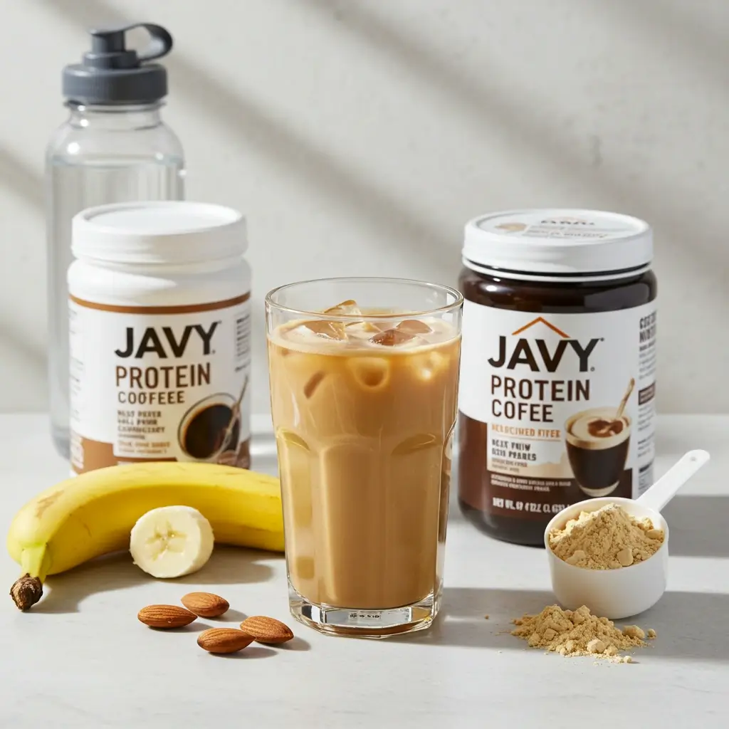 Javy protein iced coffee surrounded by healthy snacks and ingredients.