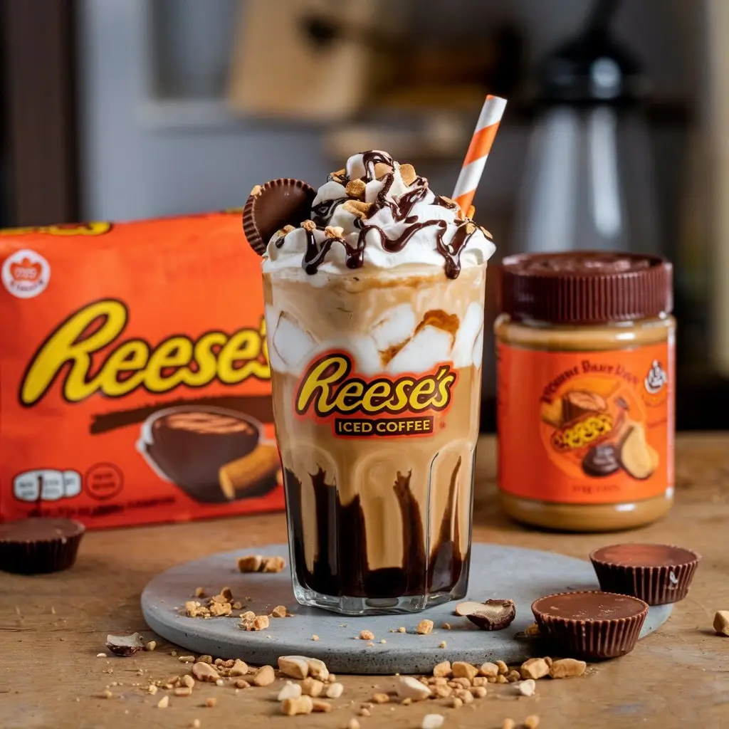 Reese's iced coffee with whipped cream and peanut butter cups.