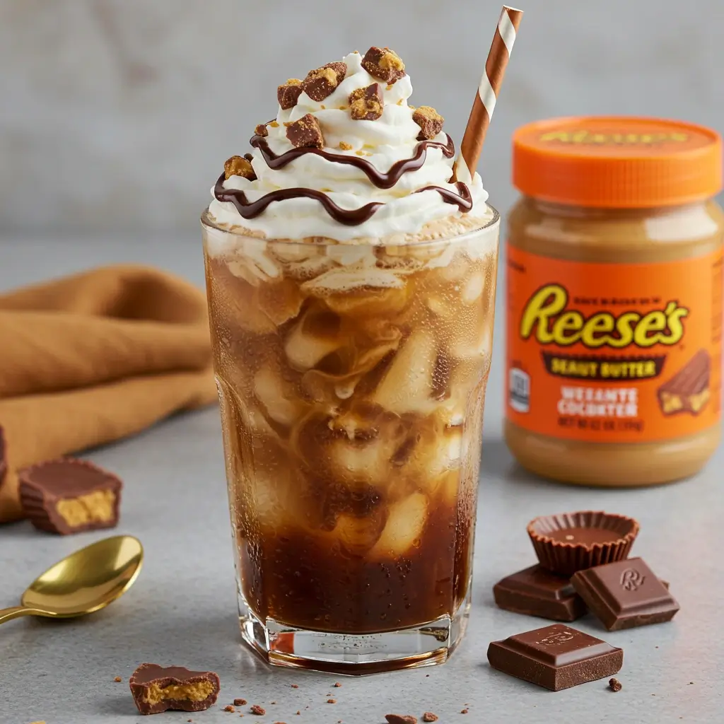 Close-up of Reese's iced coffee with whipped cream, chocolate drizzle, and peanut butter cups.