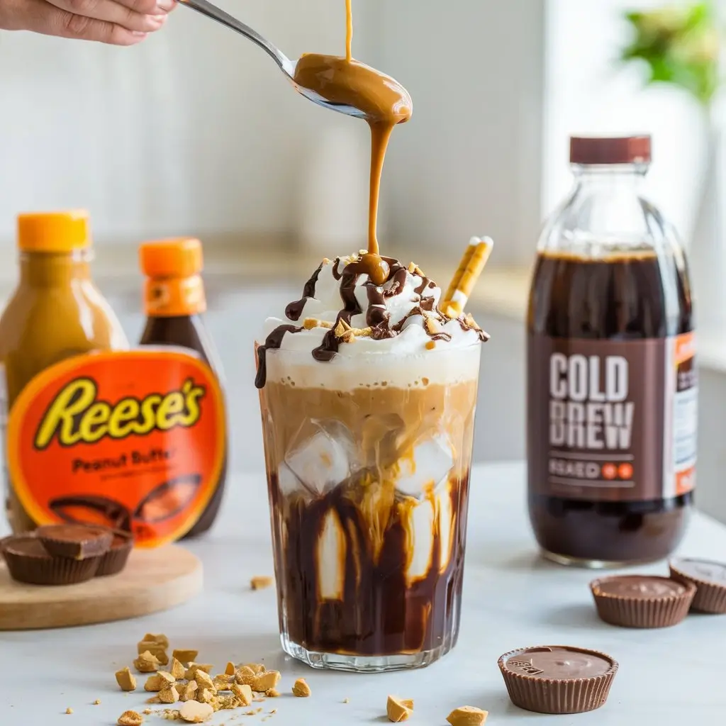 Step-by-step scene of making Reese's iced coffee with ingredients on the counter.
