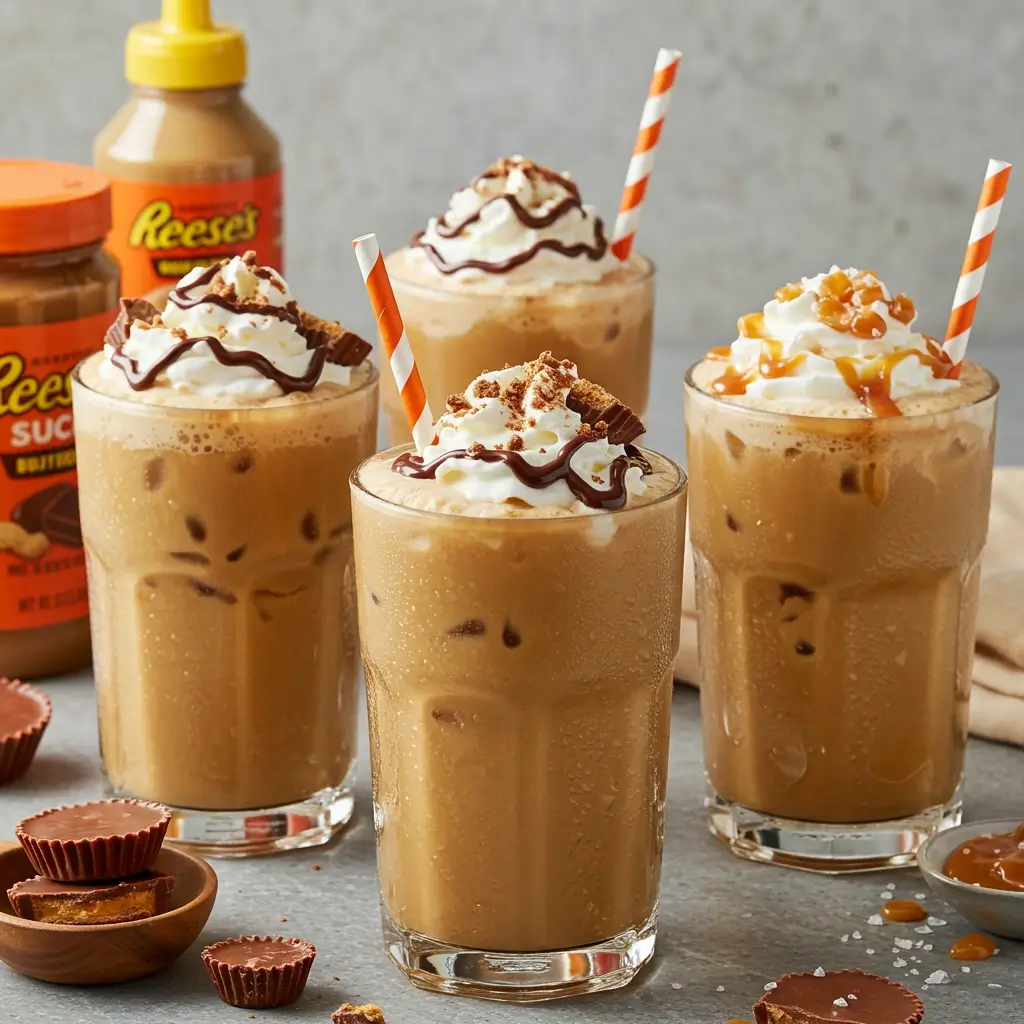 Three glasses of Reese's iced coffee with different flavor variations: classic, mocha, and salted caramel.