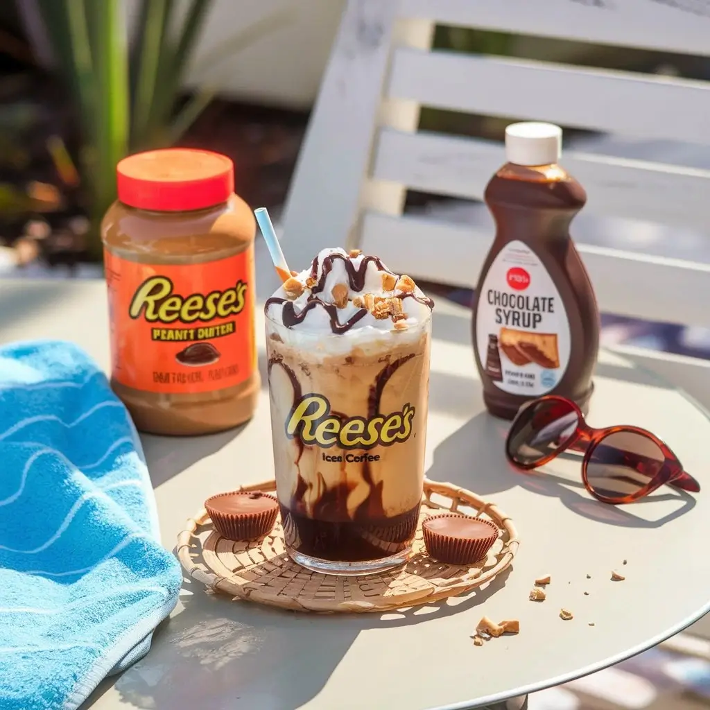 Reese's iced coffee with whipped cream, chocolate drizzle, and peanut butter cups on an outdoor patio table.