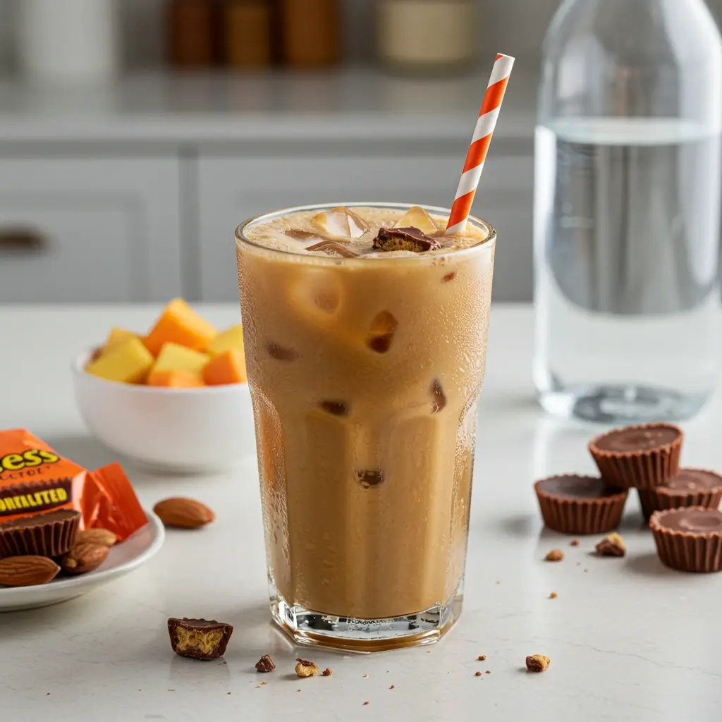 Reese’s iced coffee with whipped cream and peanut butter cups on a kitchen counter.