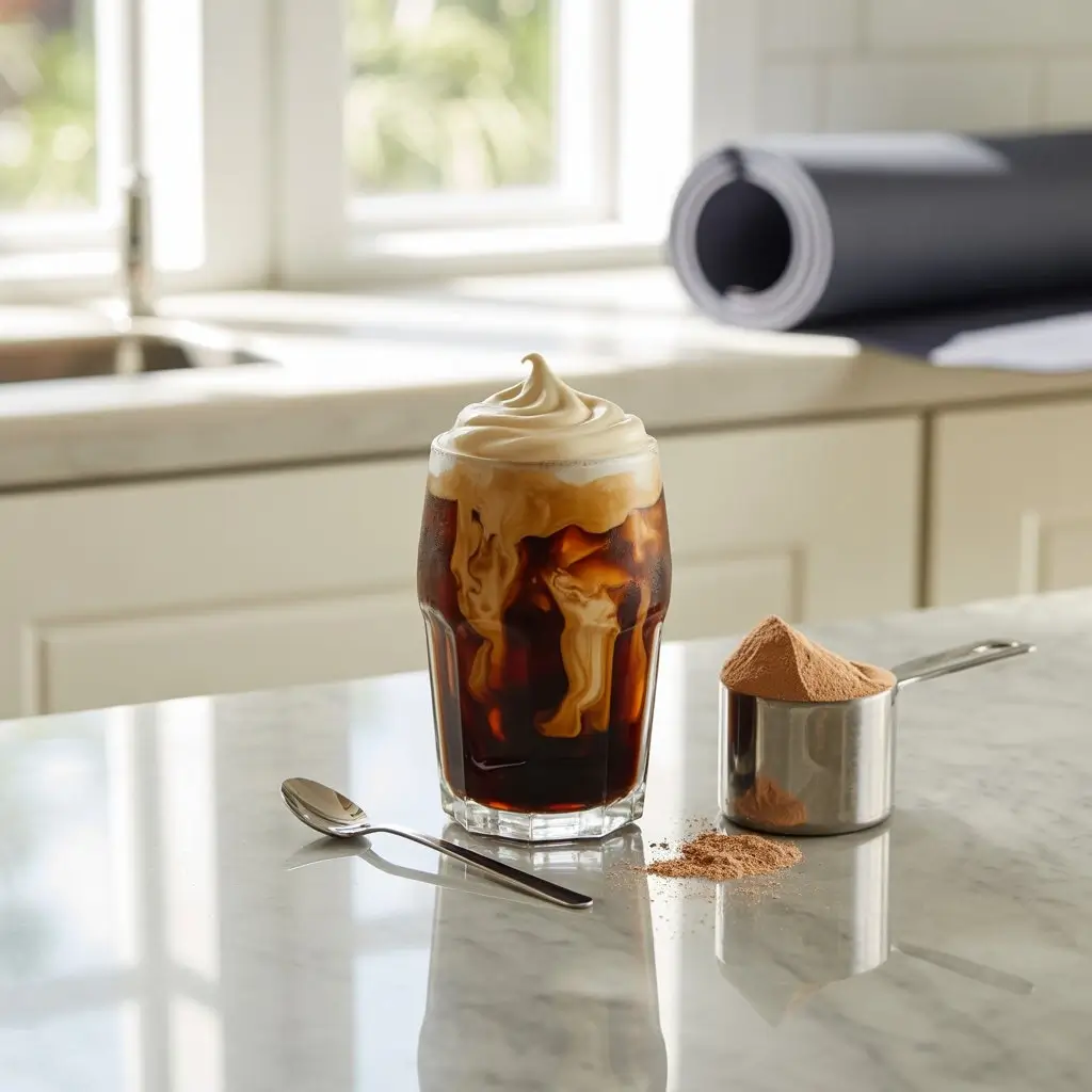 Clear glass of iced protein coffee with ice cubes, protein powder, and gym gear on a marble kitchen counter.