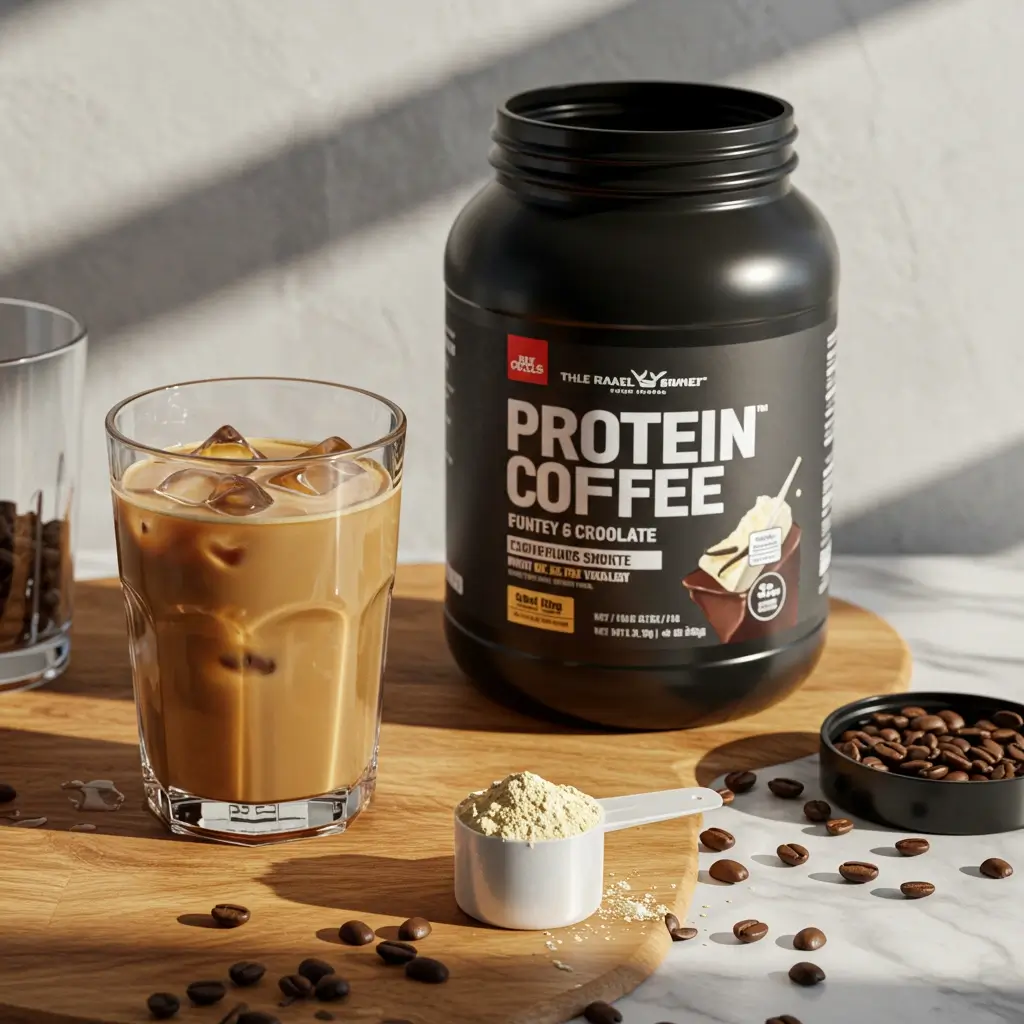Flat lay of iced protein coffee ingredients including coffee, protein powder, and coffee beans.