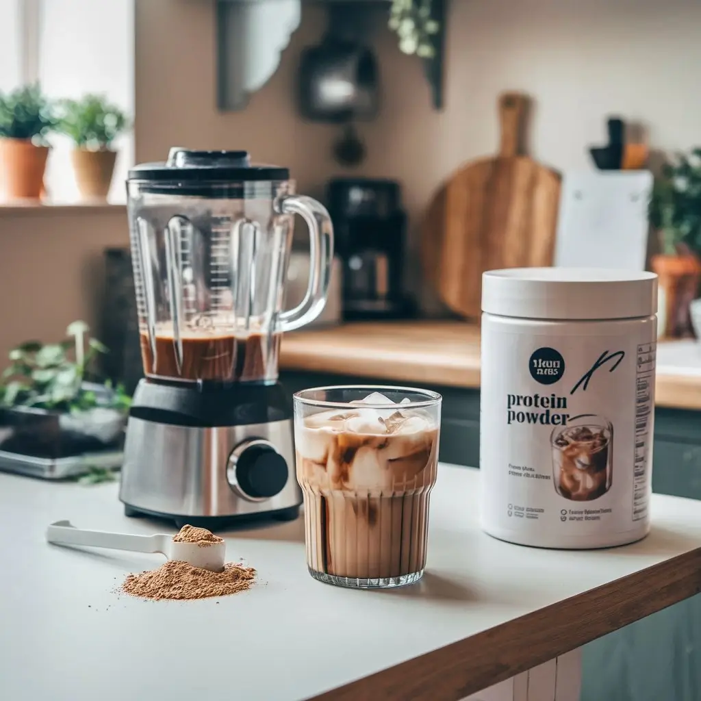 Step-by-step scene of making iced protein coffee with a blender and ice.