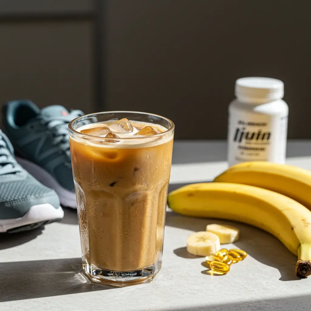Iced protein coffee next to running shoes, fresh fruit, and a vitamin bottle on a kitchen table.