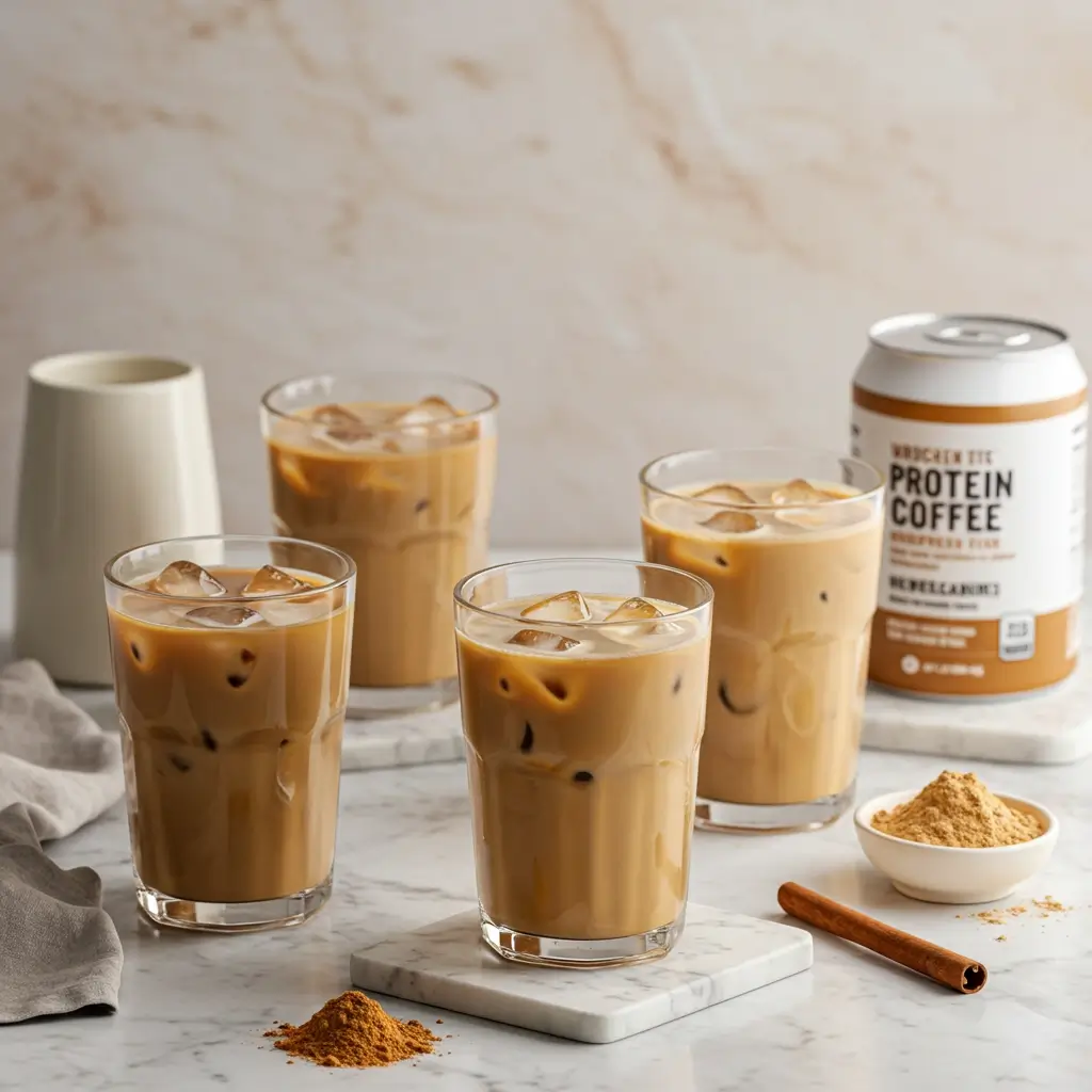 Three iced protein coffee variations: chocolate, vanilla, and cinnamon/caramel, with ice cubes and protein powder sprinkles.