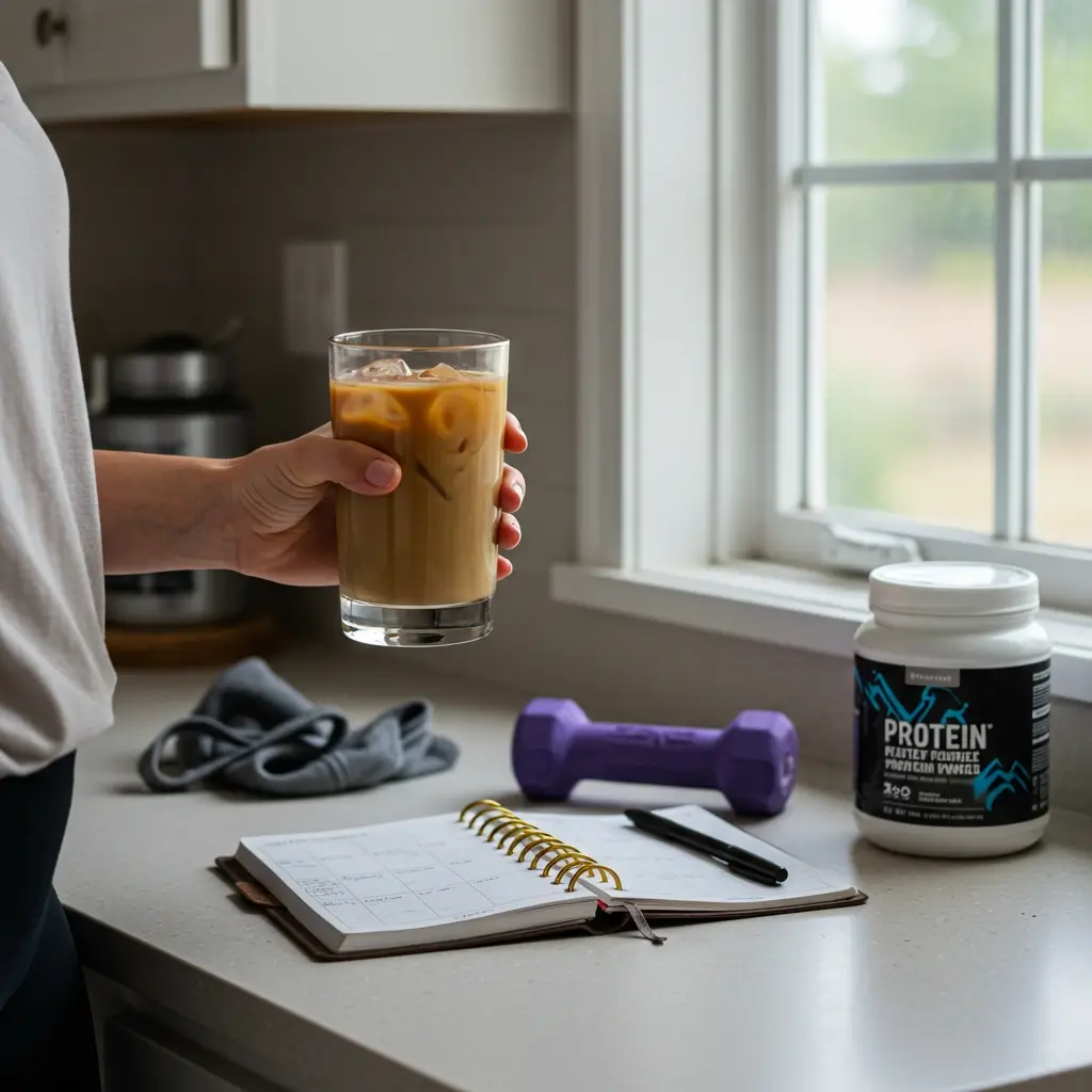 Person holding a glass of iced protein coffee by a kitchen window with a planner and protein powder nearby.
