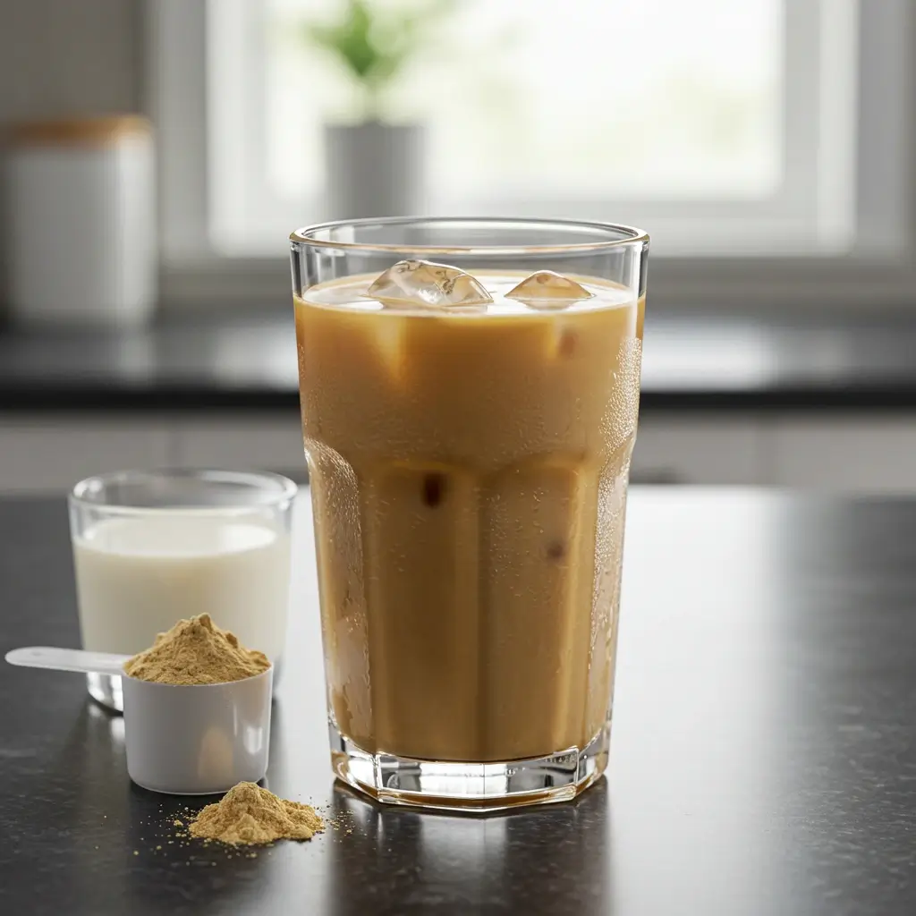 Close-up of protein iced latte with ice cubes, protein powder, and milk on a modern kitchen counter.