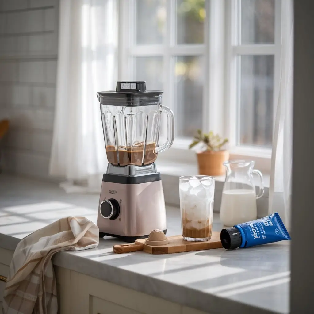 Step-by-step process of making a protein iced latte with a blender, ice cubes, and protein powder.