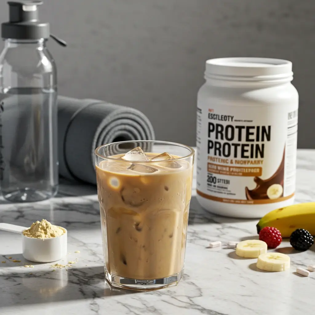 Protein iced latte with ice cubes, protein powder tub, and fresh fruit on a marble countertop.