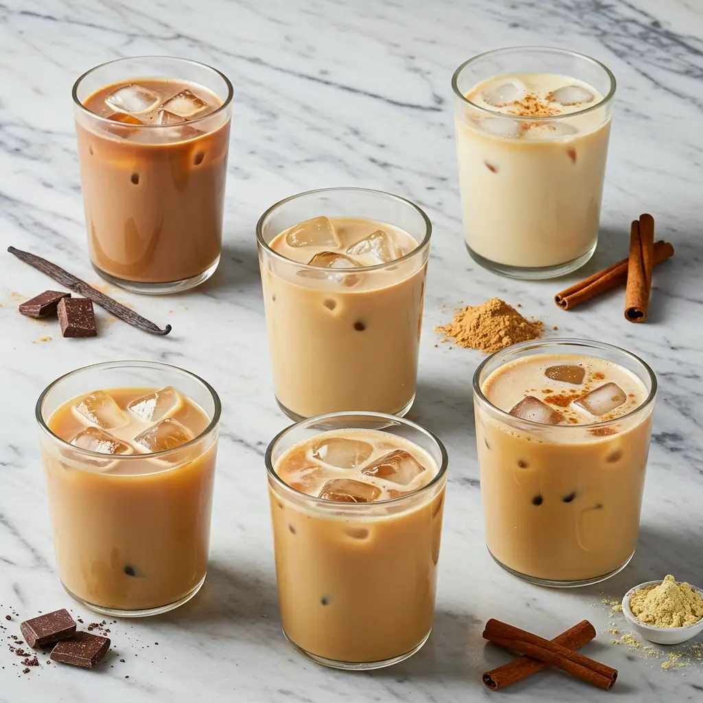 A collection of protein iced lattes with chocolate, vanilla, and cinnamon/caramel flavors on a marble countertop.
