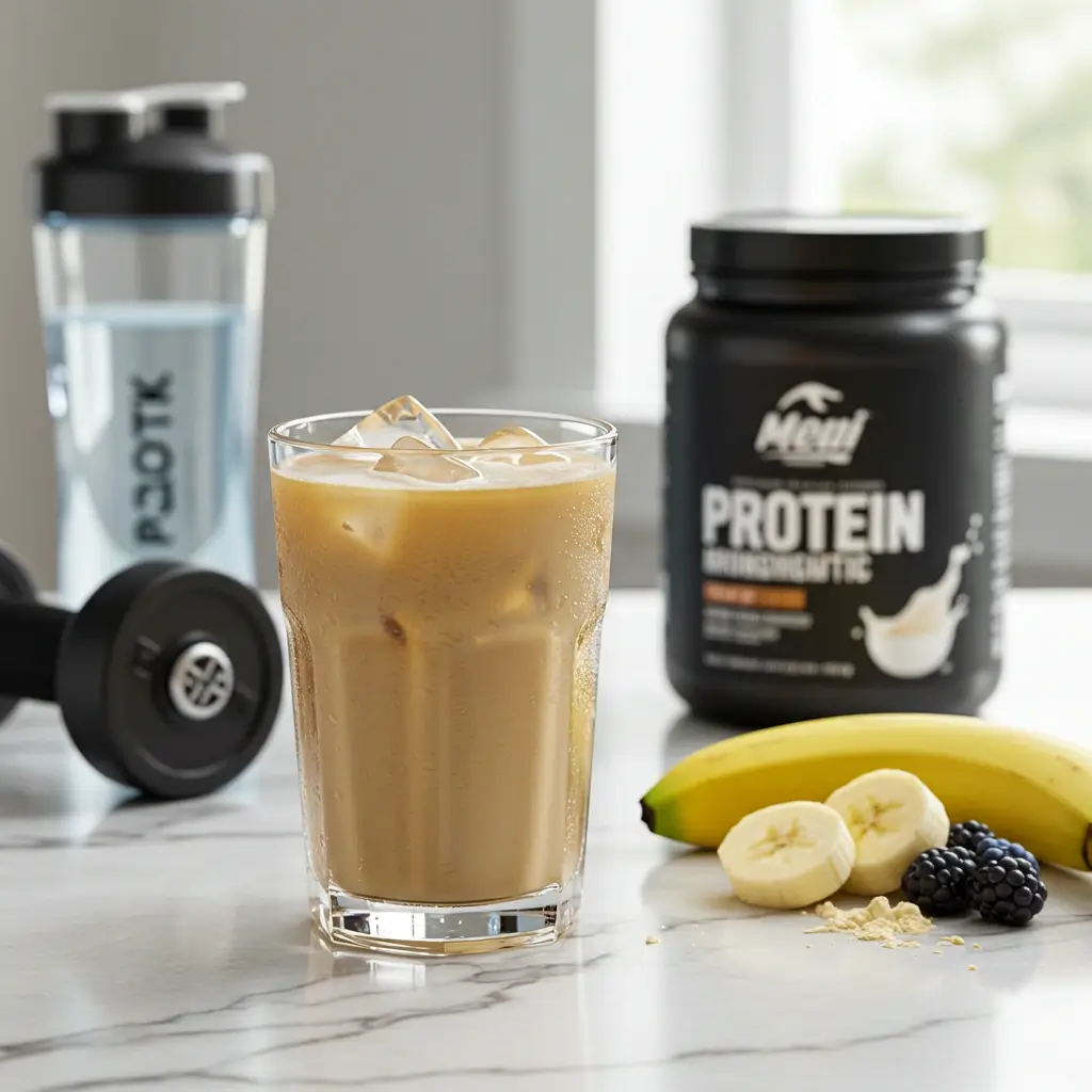 Protein iced latte with ice cubes, protein powder tub, and fresh fruit on a marble countertop.