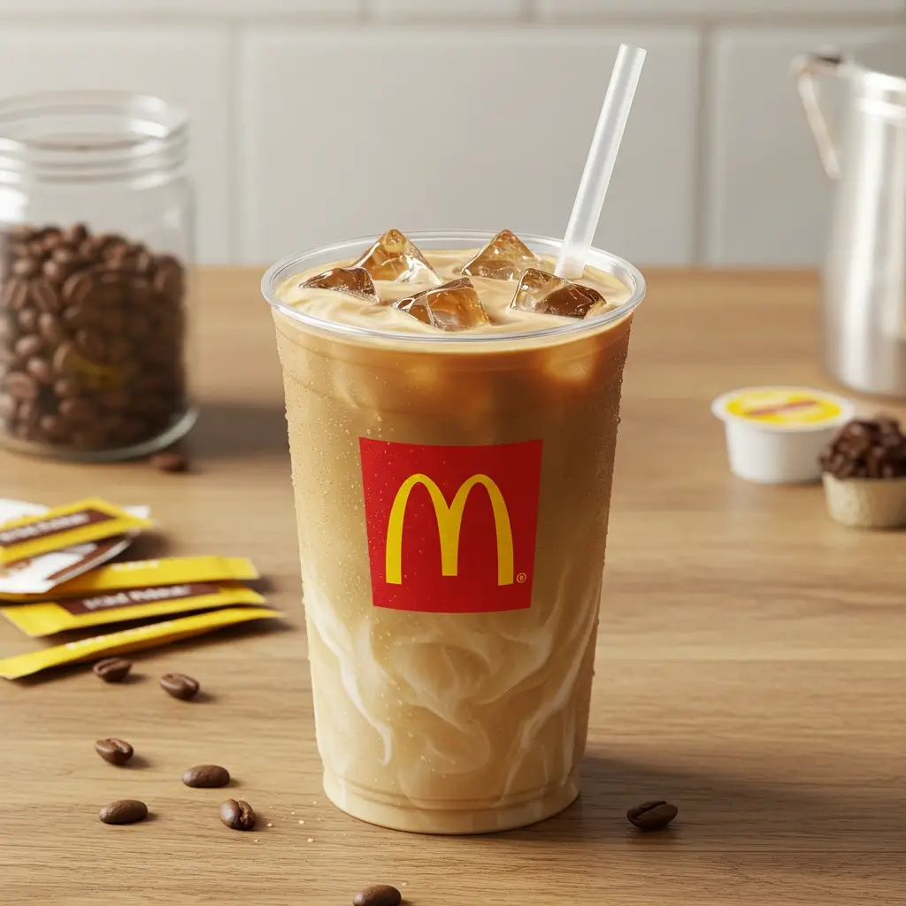 McDonald's iced coffee in a carton-style cup with ice cubes, cream swirl, and a straw on a countertop.