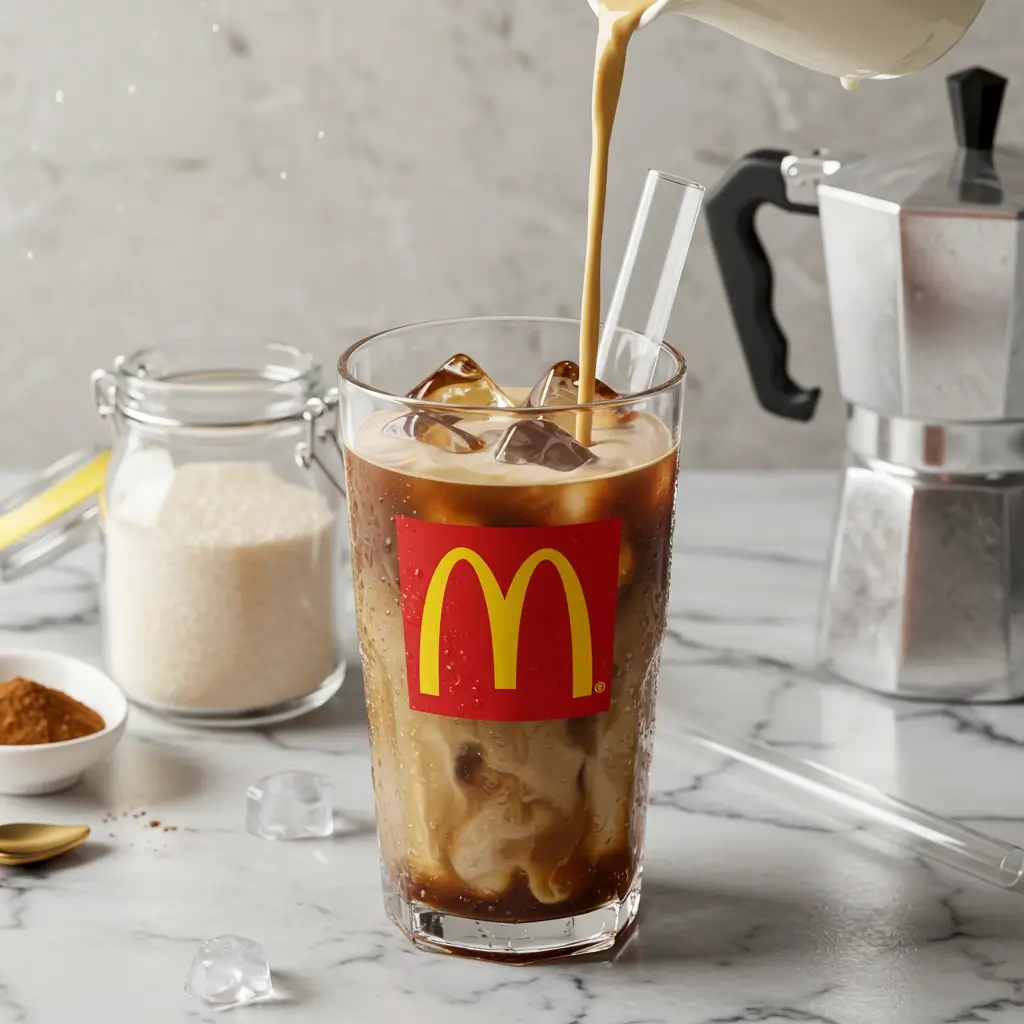 Step-by-step process of making McDonald's iced coffee with brewed coffee, cream swirl, and ice cubes in a carton-style cup.