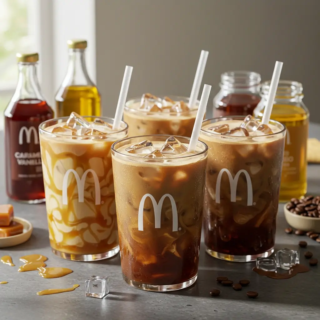 A collection of McDonald's-style iced coffee cups in carton-style glasses with caramel, vanilla, and chocolate or hazelnut variations.