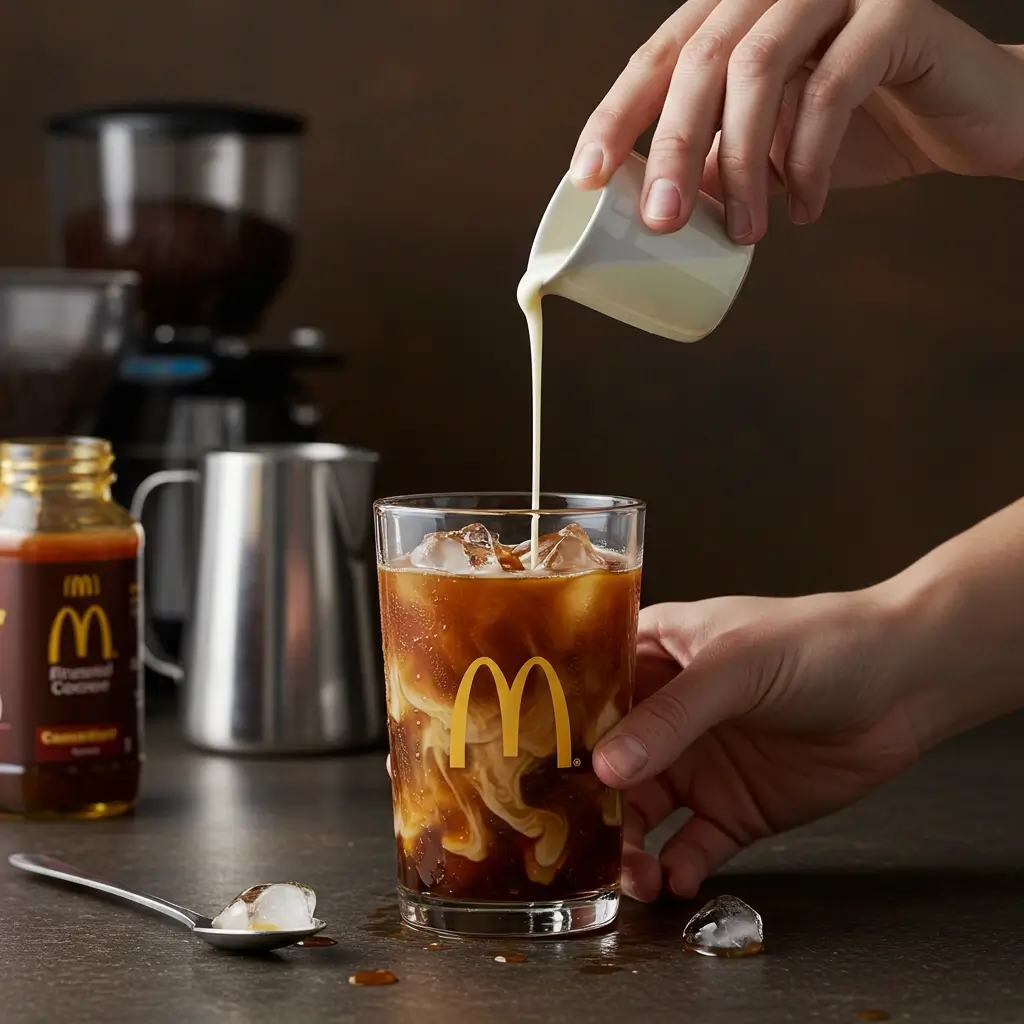 Barista preparing iced coffee in a McDonald's-style carton glass, with coffee brewing, cream swirl, and syrup drizzle.