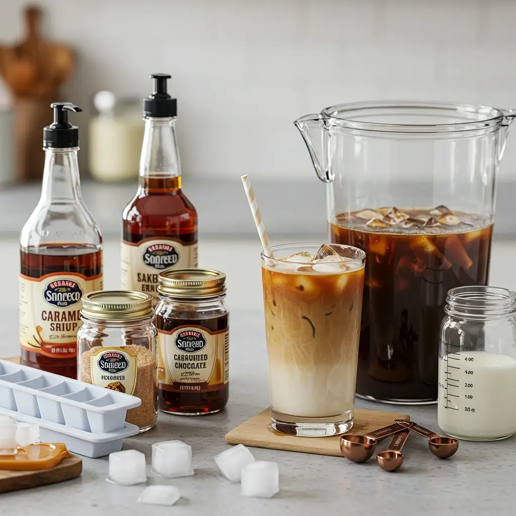 Kitchen counter with iced coffee essentials like flavored syrups, milk, sugar, and ice cube trays, with a glass of iced coffee in the background.