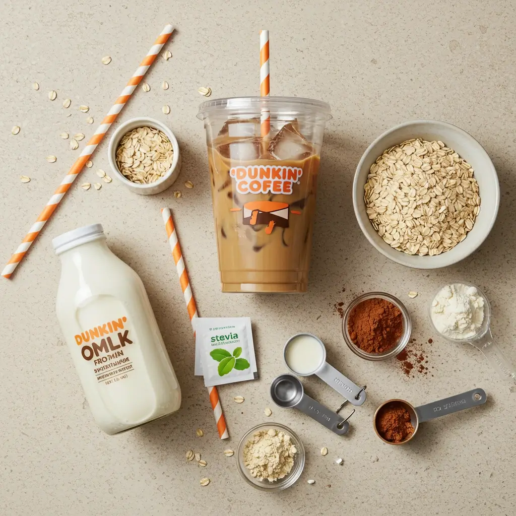 Dunkin’-style iced coffee with healthy ingredients like oats, almond milk, and protein powder.