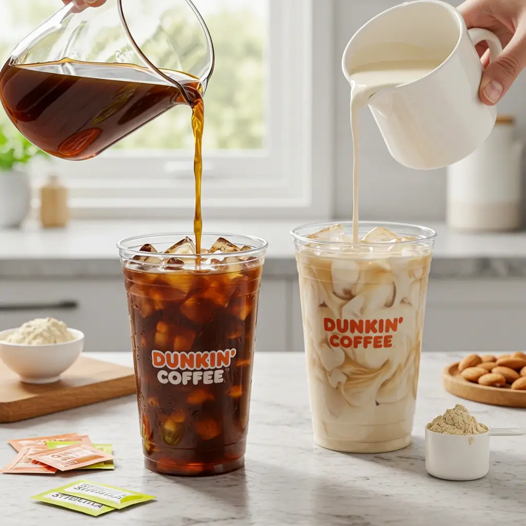 Making healthy Dunkin’-style iced coffee with almond milk and protein powder.