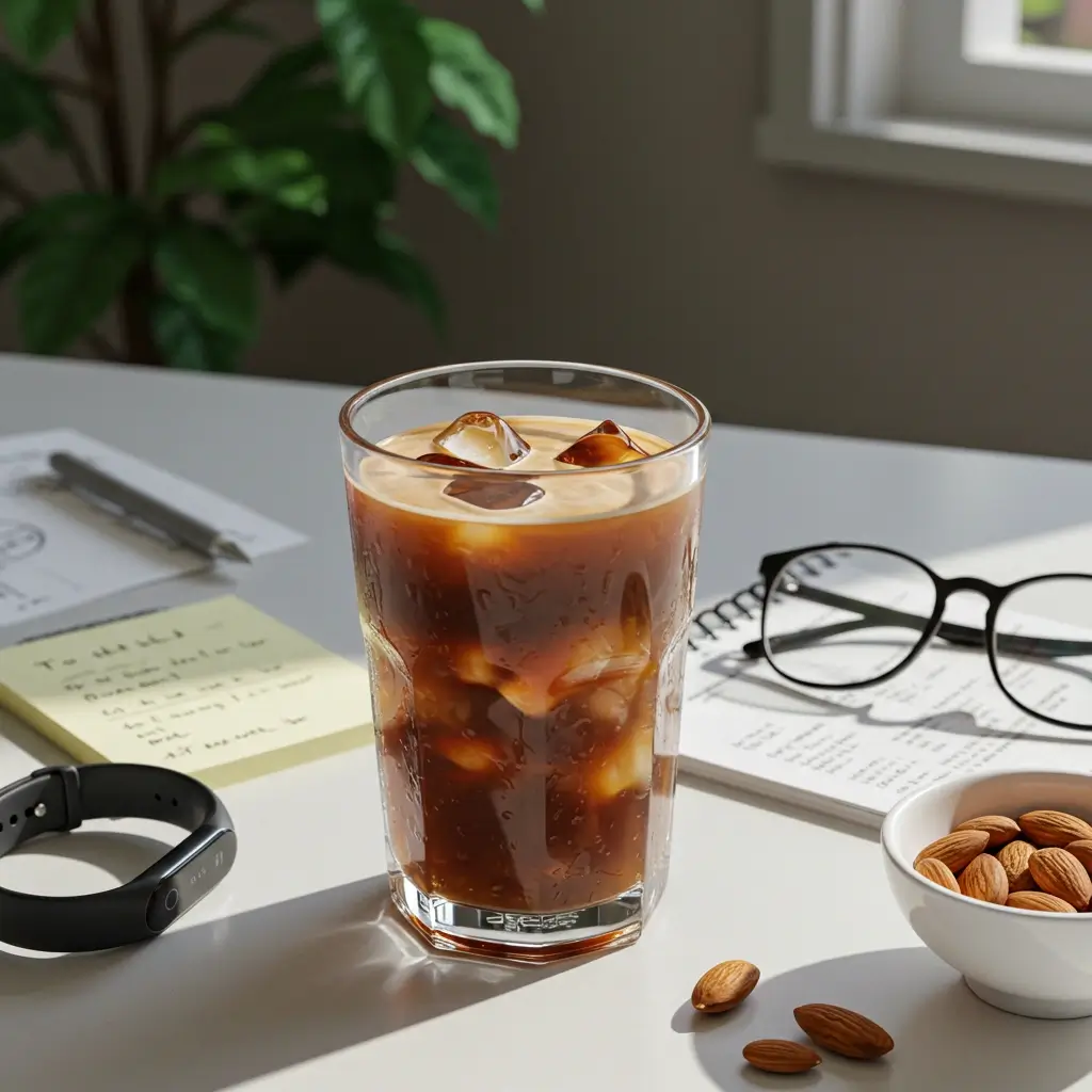 Iced coffee with healthy lifestyle items like a fitness tracker and almonds.