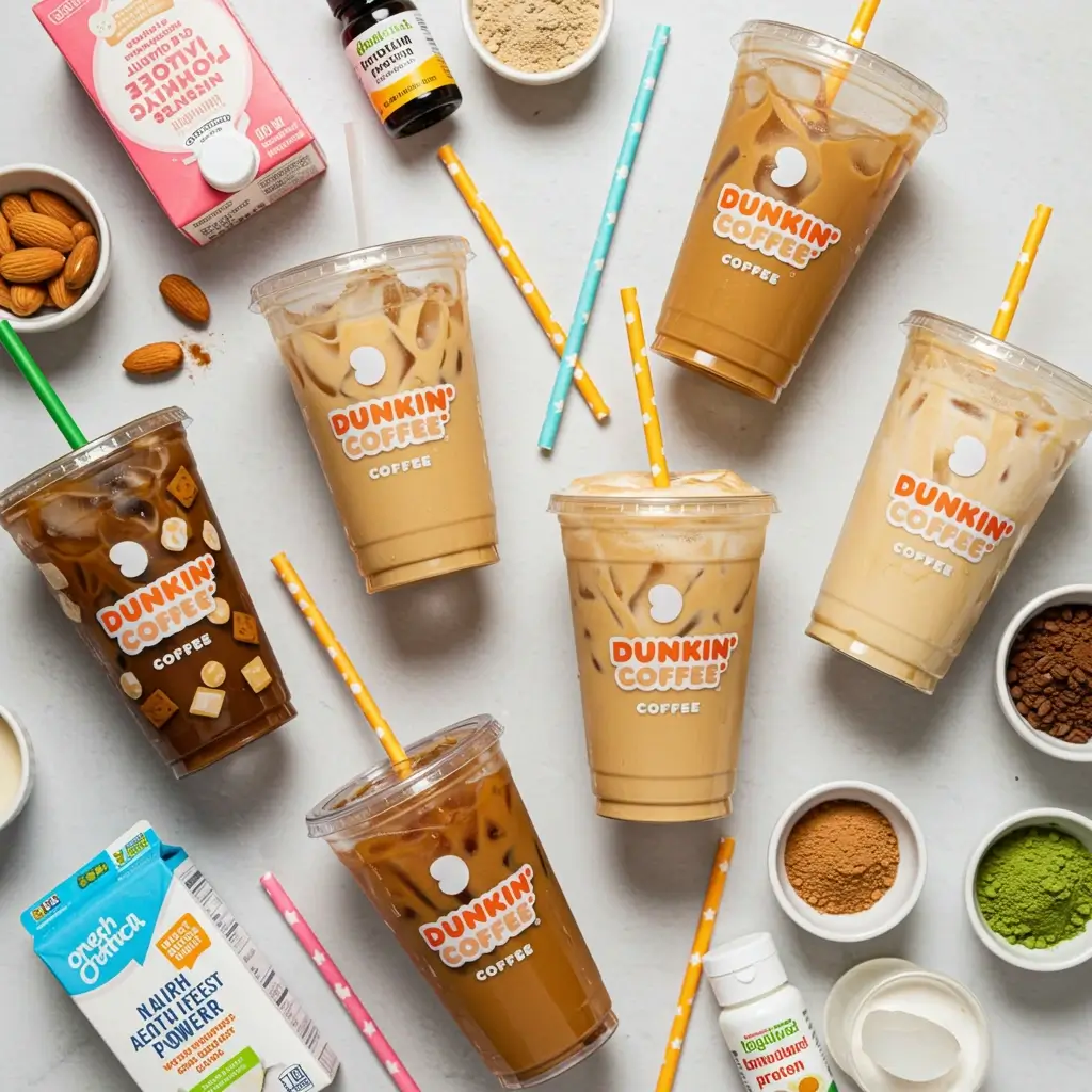 Colorful flat lay of Dunkin’-style iced coffee cups with healthy variations.