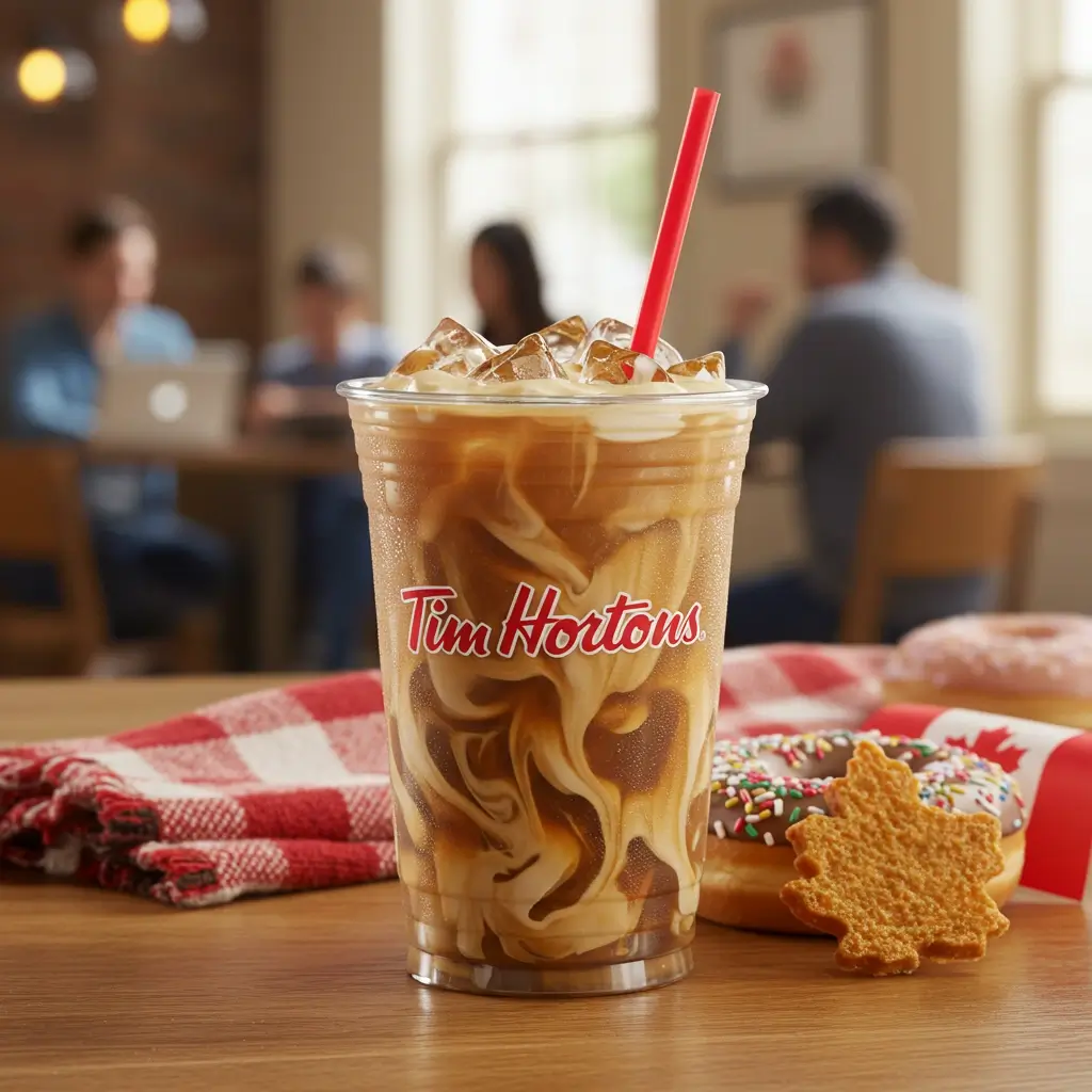 Tim Hortons-style iced coffee with red straw on a café table and cozy Canadian elements.