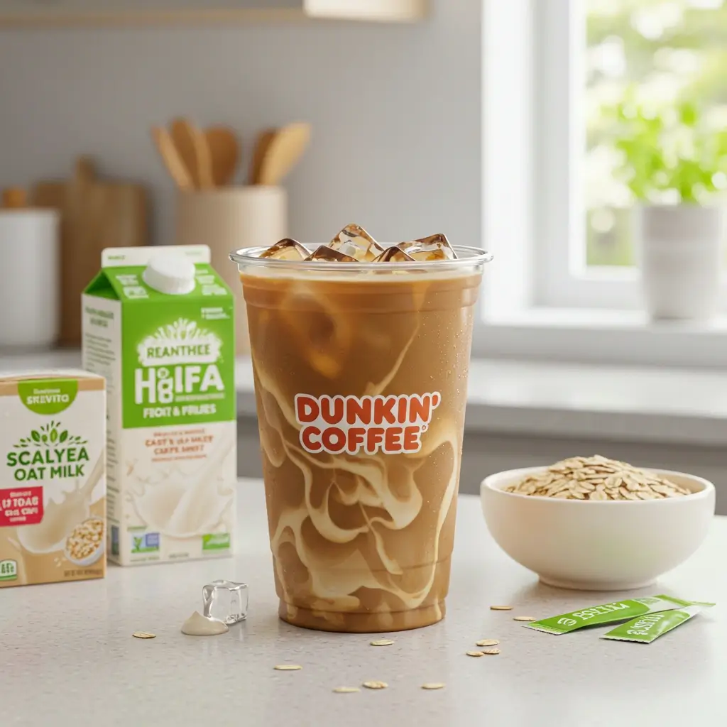 Dunkin’ S’mores iced coffee with almond milk, oats, and fitness items.