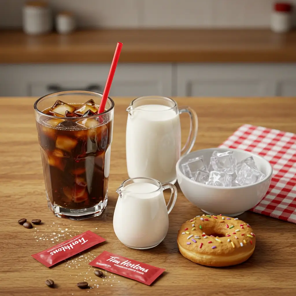 Flat lay of Tim Hortons-style iced coffee ingredients with donut and red straw.
