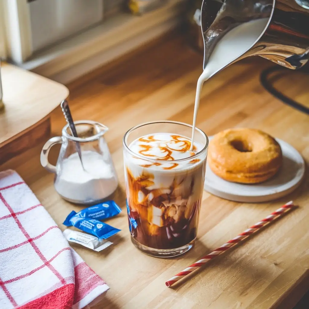 Step-by-step Tim Hortons-style iced coffee with cream, ice, and Canadian charm.