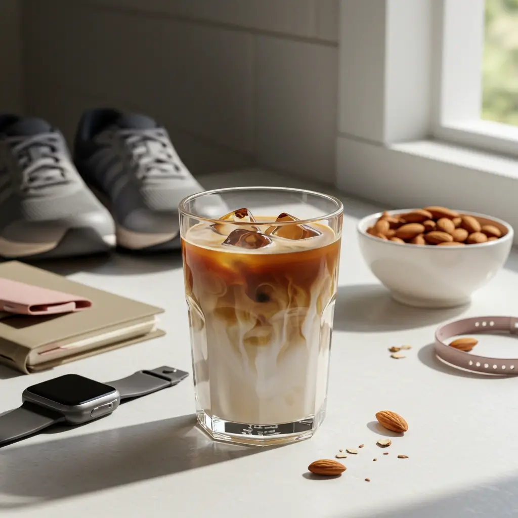 Iced coffee with ice cubes and coffee-milk swirl, surrounded by healthy lifestyle items.
