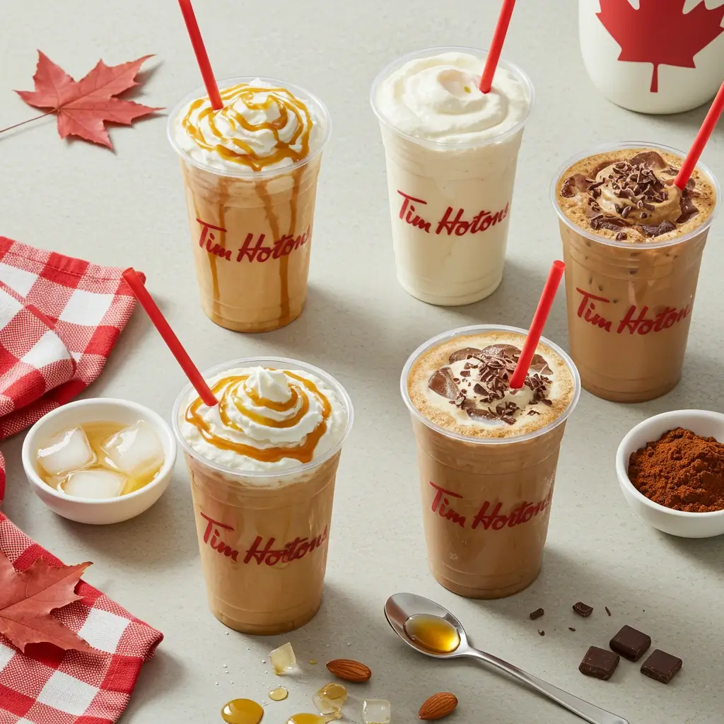 Four Tim Hortons-style iced coffee variations with red straws and Canadian elements.