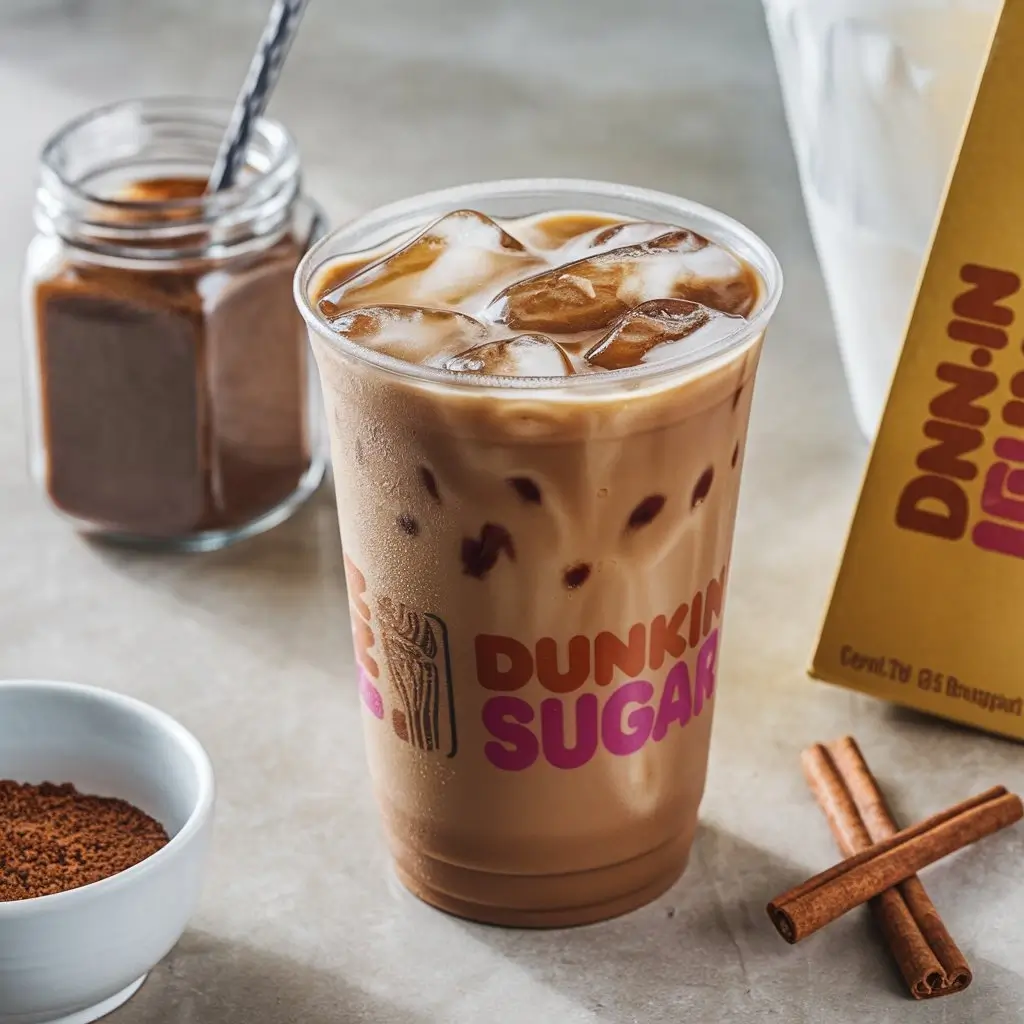 Dunkin’ iced coffee with brown sugar swirls, ice, and creamy top on a café counter.