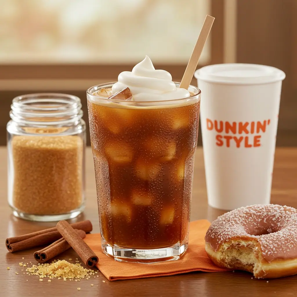 Brown sugar iced coffee in a clear glass with cream swirl, donut, and Dunkin’ branding.
