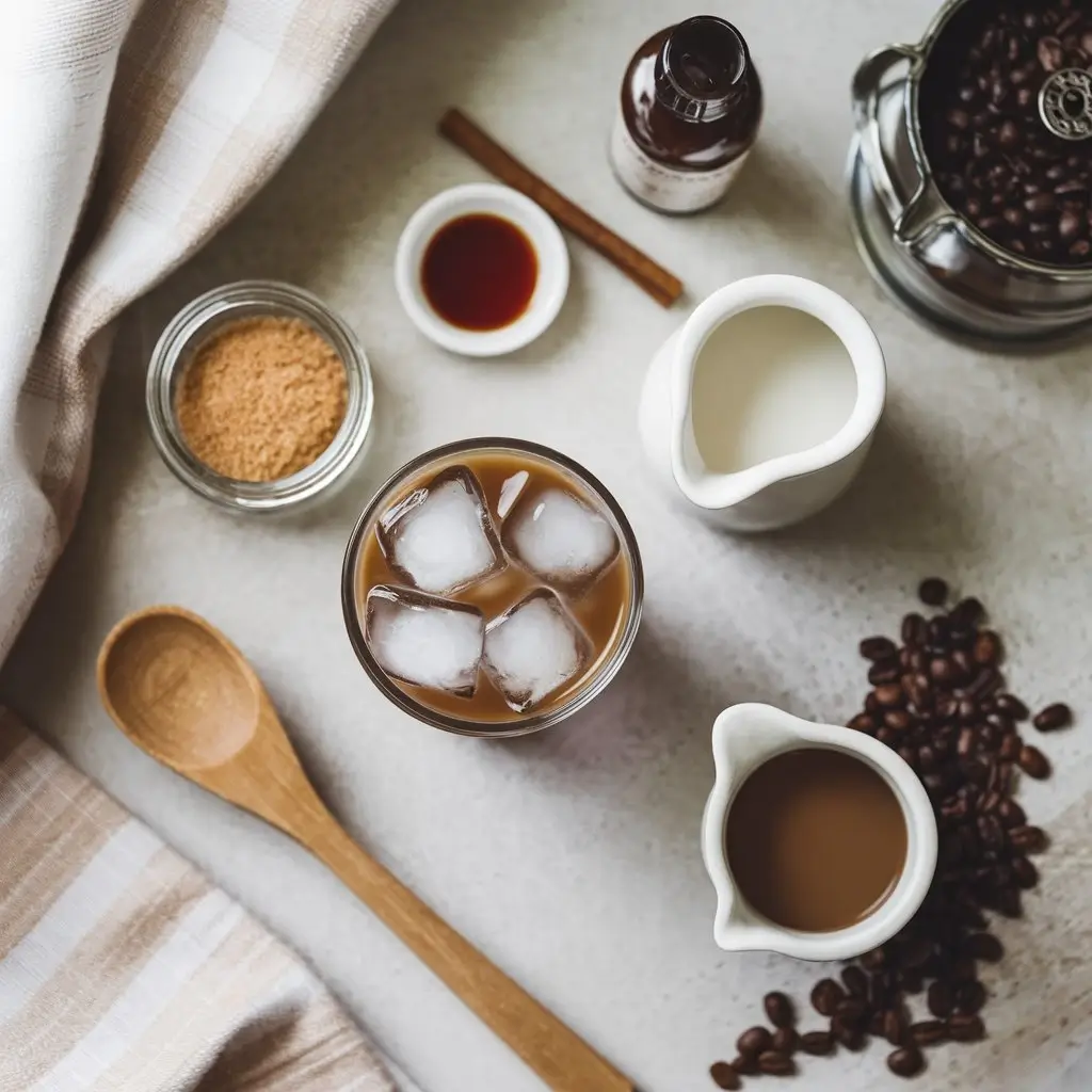 Flat lay of brown sugar iced coffee ingredients on a rustic table.