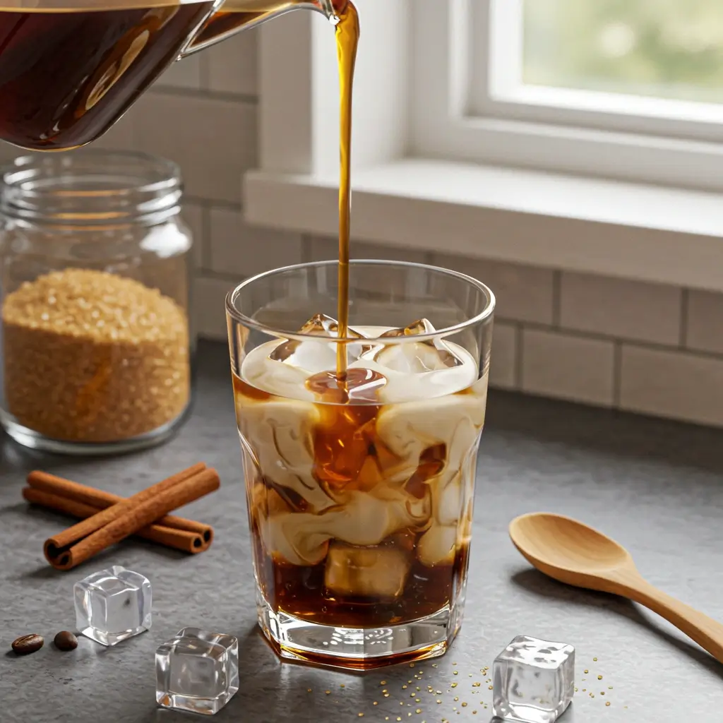 Brown sugar iced coffee being made in a bright kitchen with natural light.