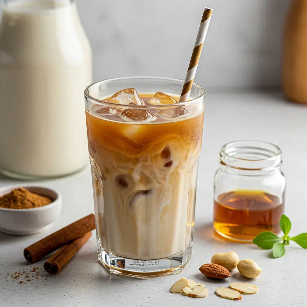 Iced coffee in a clear glass with almond milk and natural sweeteners on a kitchen counter.