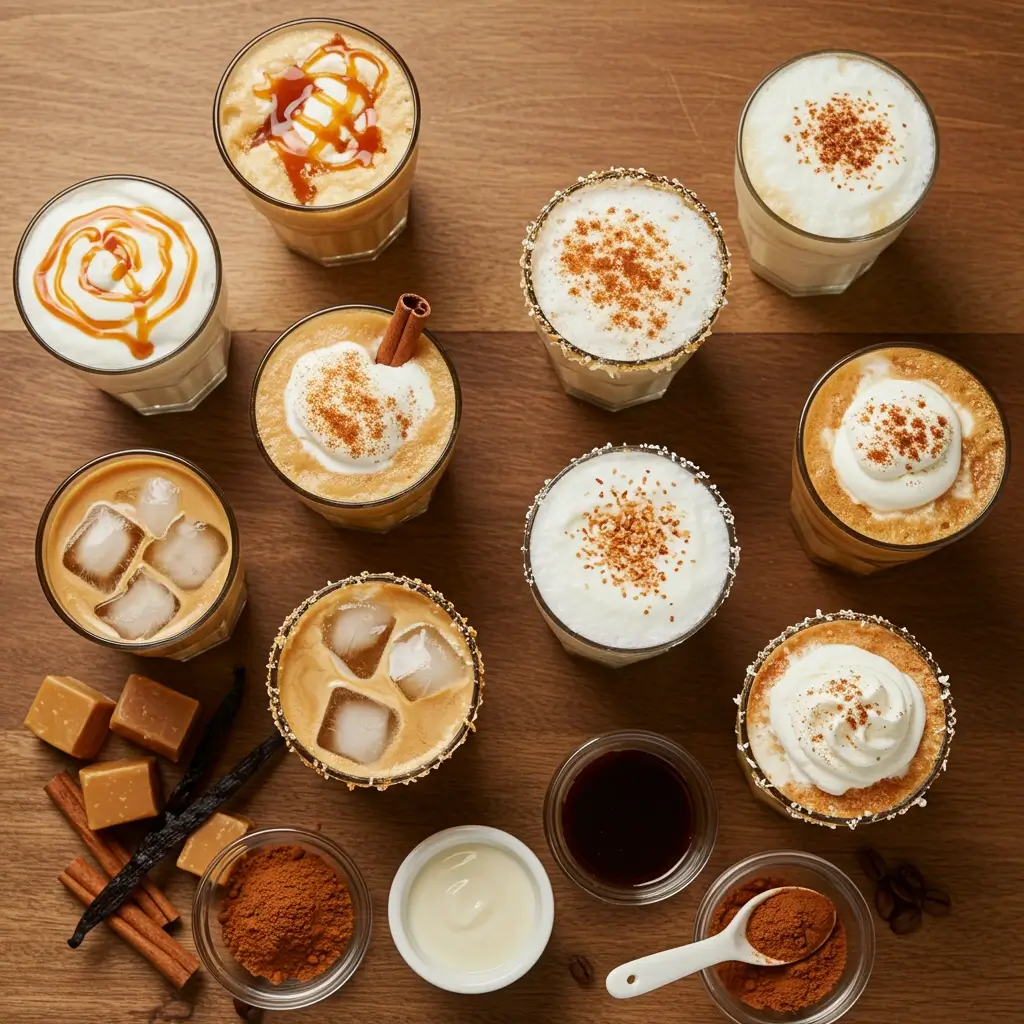 Flat lay of four iced coffee glasses with caramel, vanilla, coconut, and chocolate variations on a wooden table.