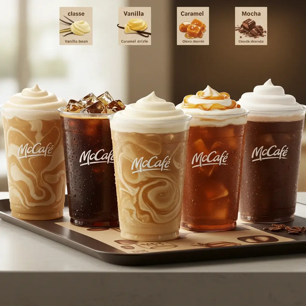Four McDonald’s iced coffee cups with visible flavors—black, vanilla, caramel, and mocha—in a branded McCafé setup.
