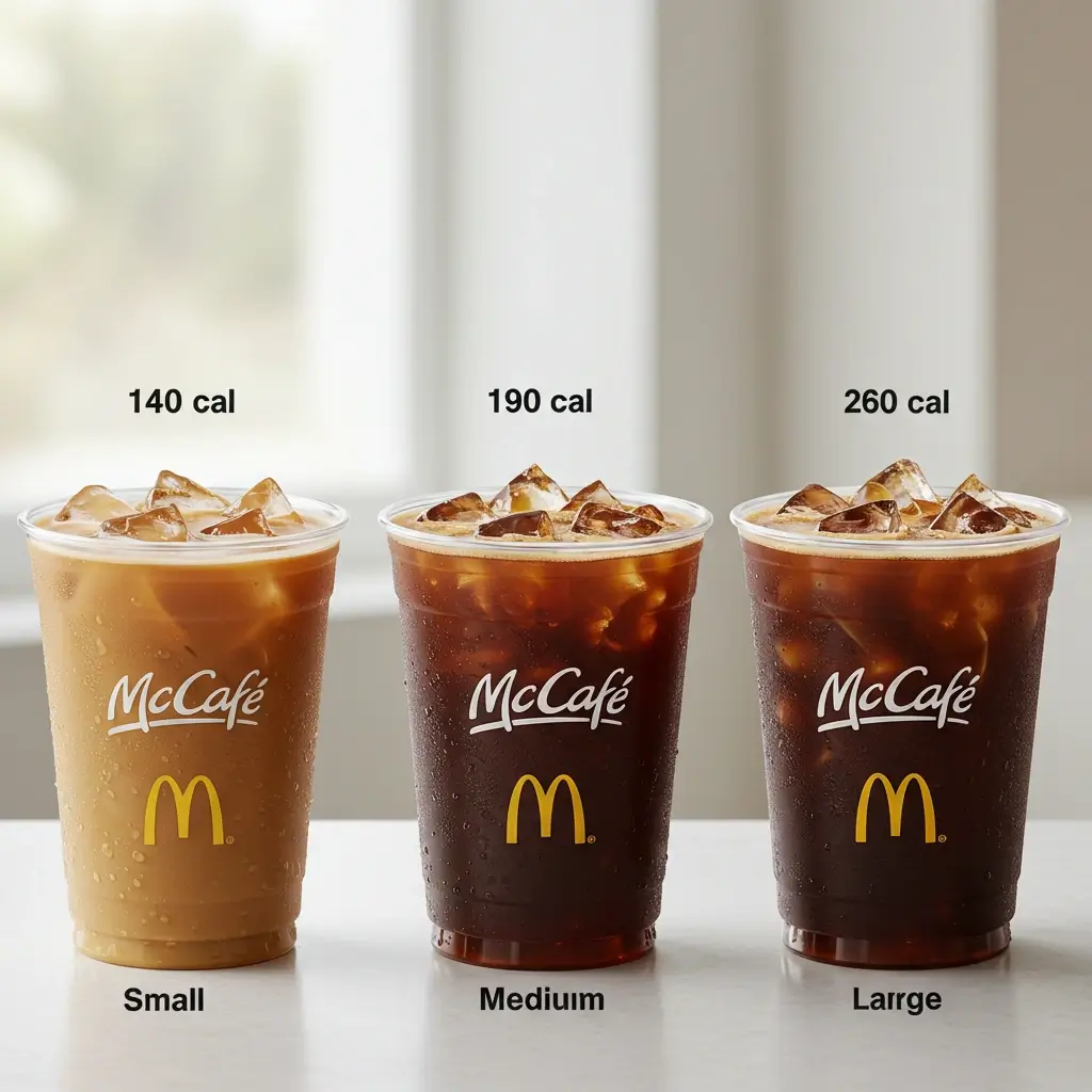 Three McDonald’s iced coffee cups in small, medium, and large sizes with calorie labels.