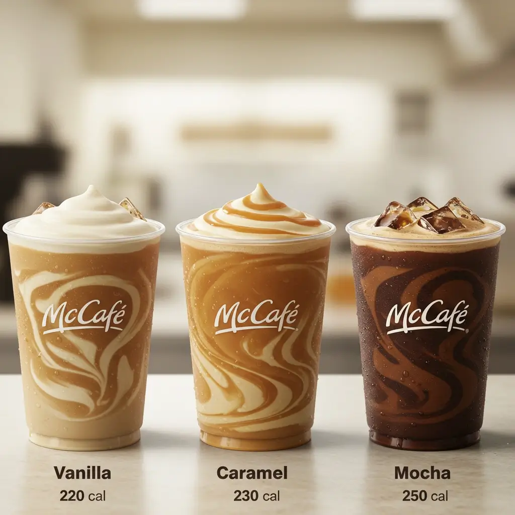 Four McDonald’s iced coffee cups in different flavors with calorie counts.