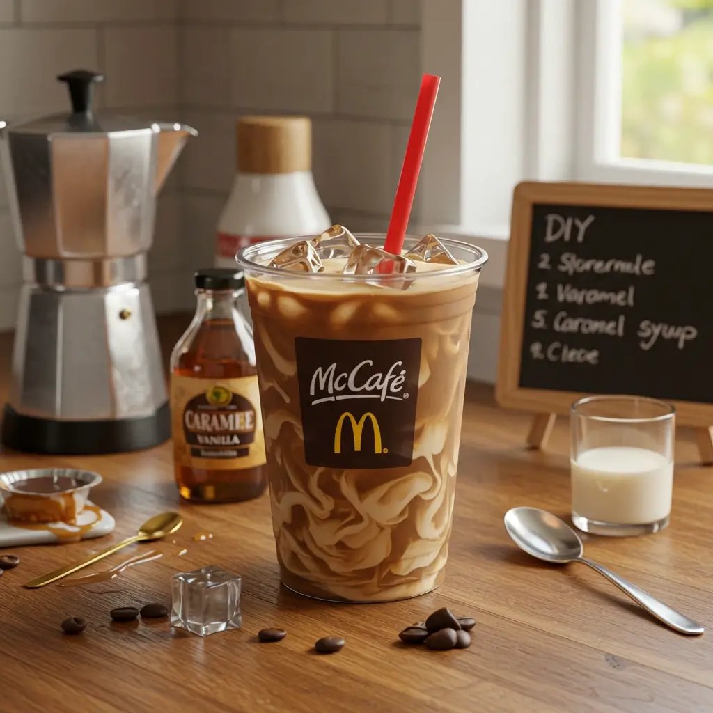 McDonald's-style iced coffee with DIY ingredients and recipe note.