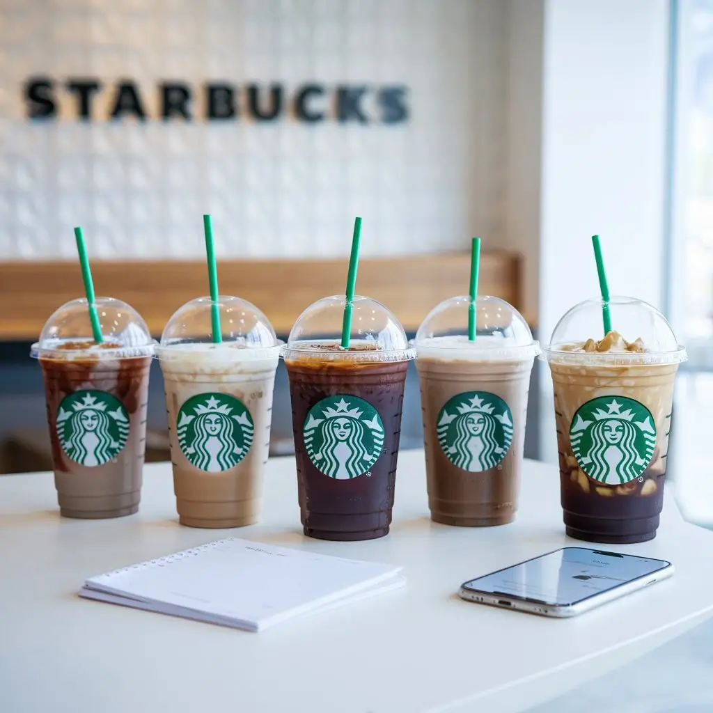 Starbucks iced coffee drinks with visible ice and milk variations on a café table.