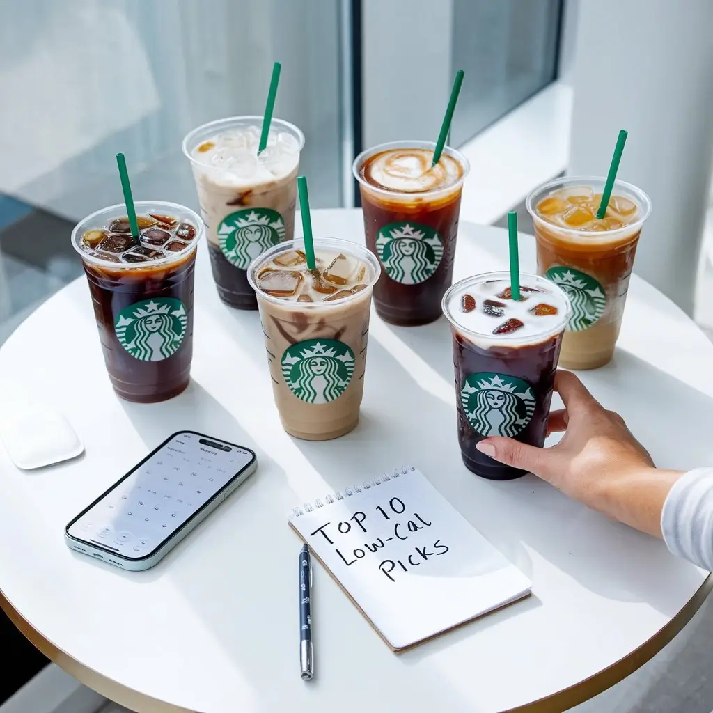 Overhead view of Starbucks iced coffee drinks with calorie app and low-cal list on a café table.