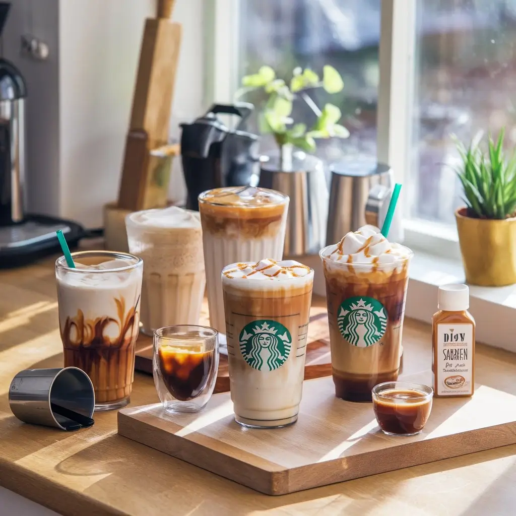Homemade Starbucks-style iced coffee drinks on a wooden kitchen counter with coffee tools.