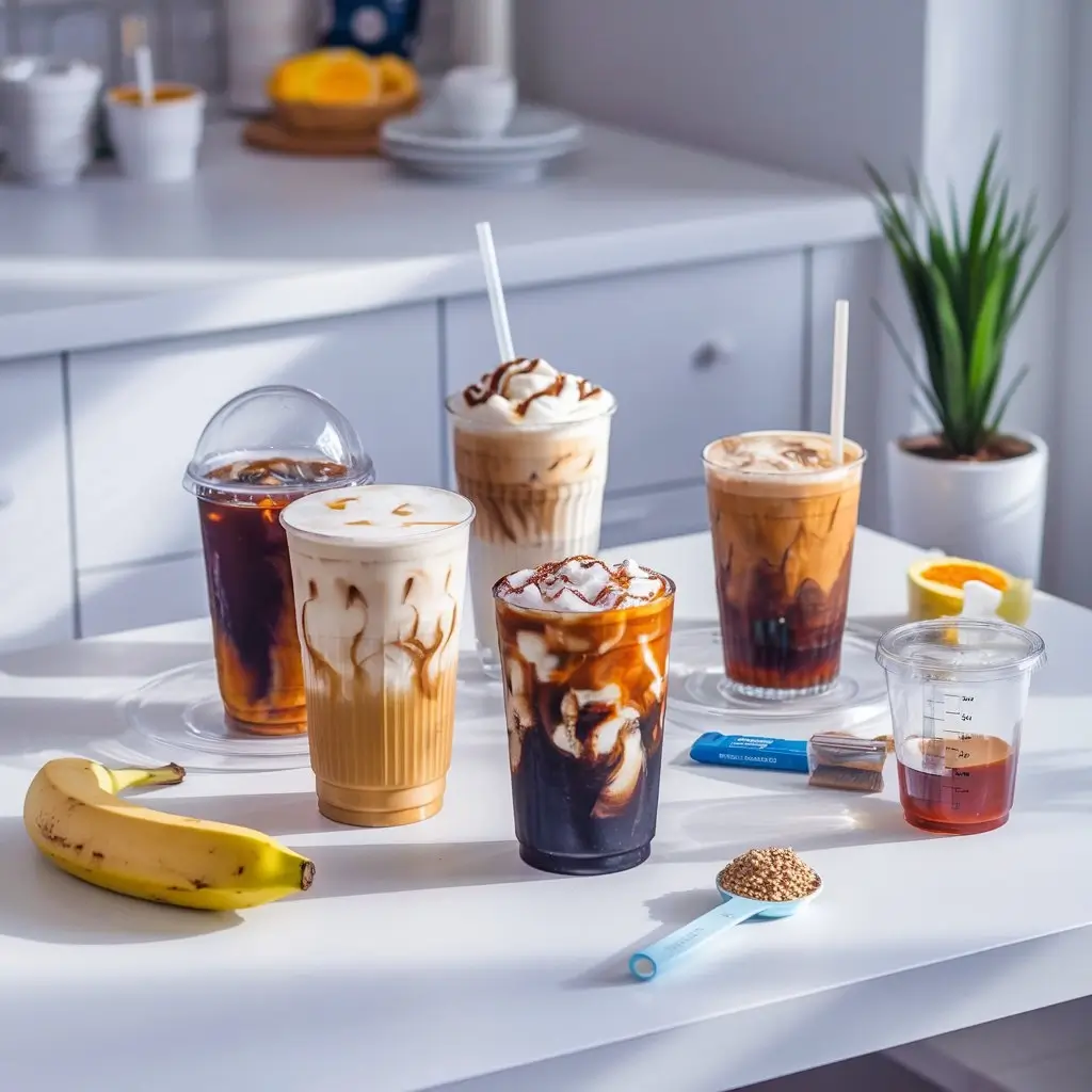 Variety of iced coffee drinks labeled with different types in a bright, modern kitchen setting.